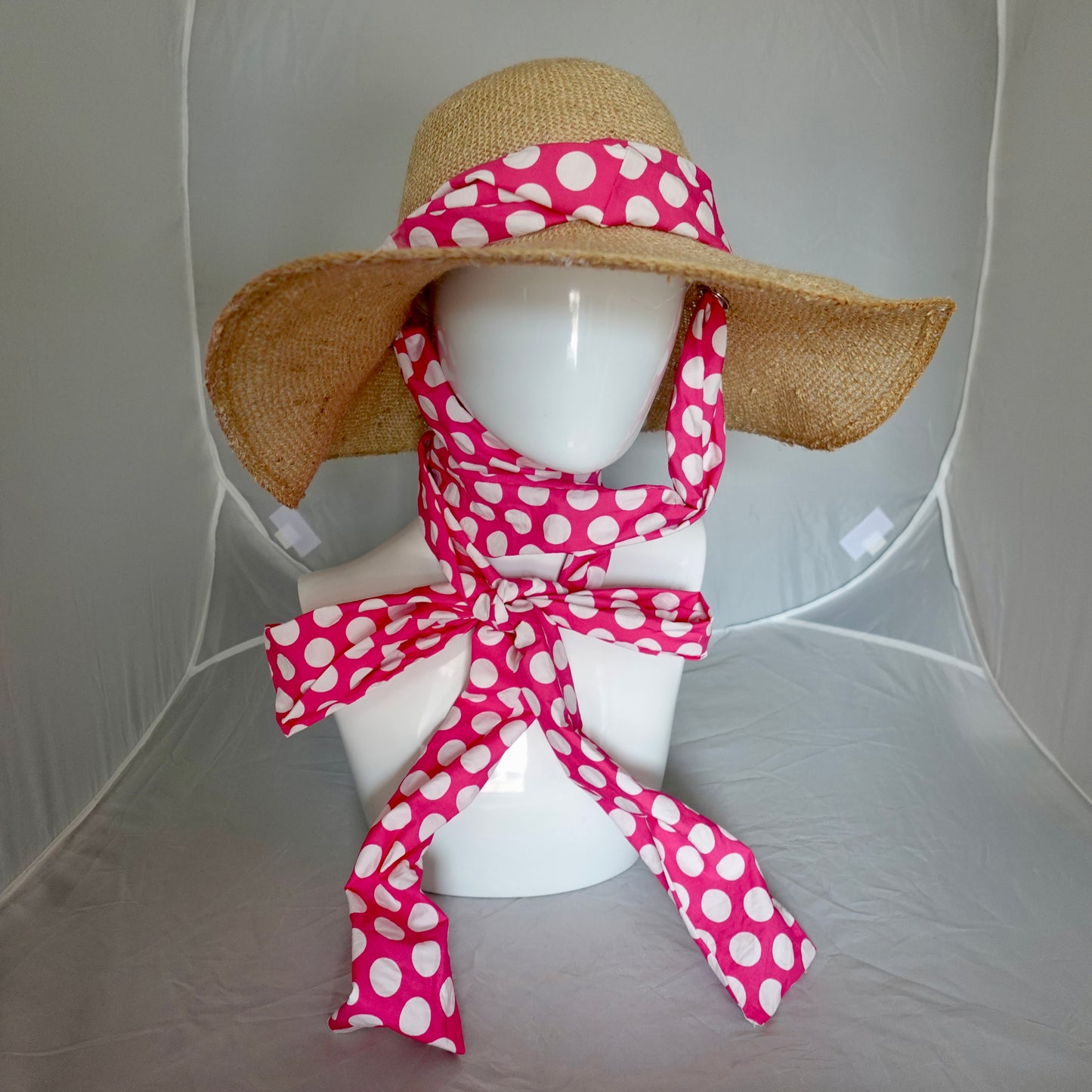 Floppy Brim Hemp Hat with Multiple Bright Dot Cotton Ties
