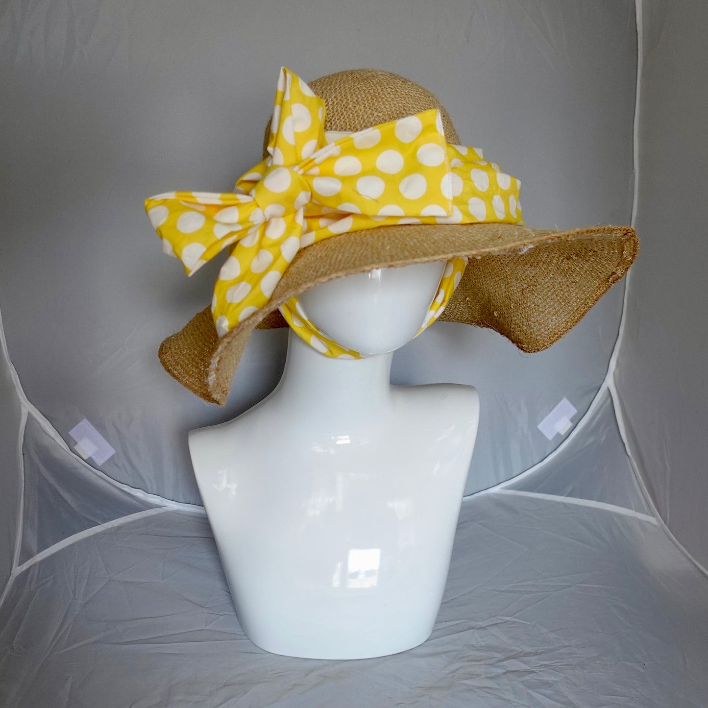 Floppy Brim Hemp Hat with Multiple Bright Dot Cotton Ties