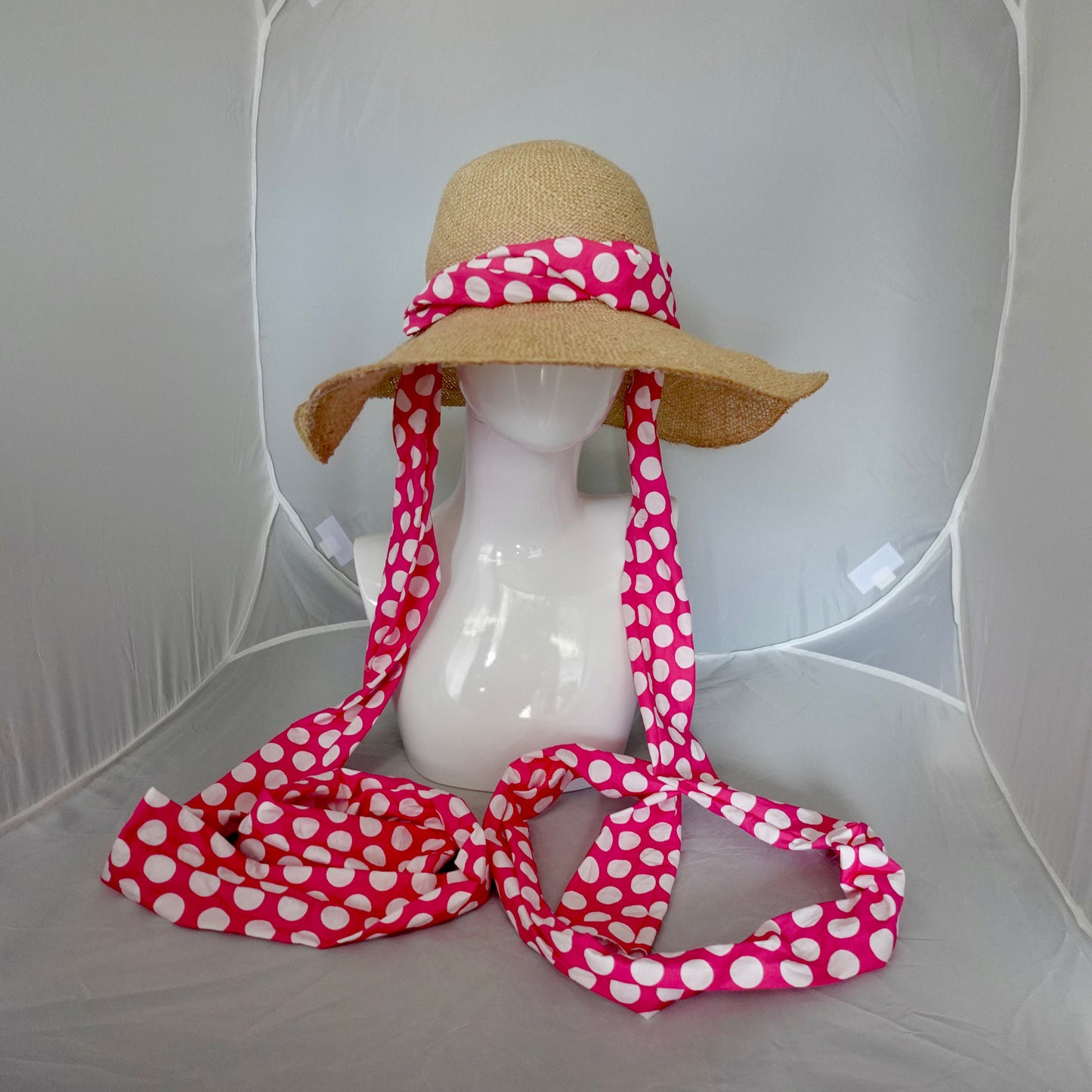 Floppy Brim Hemp Hat with Multiple Bright Dot Cotton Ties