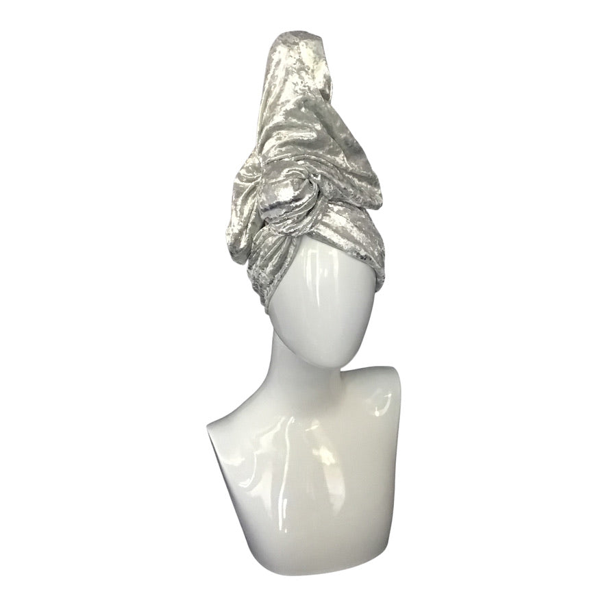 Velvet Twisturban in white with bright silver "mica" pattern