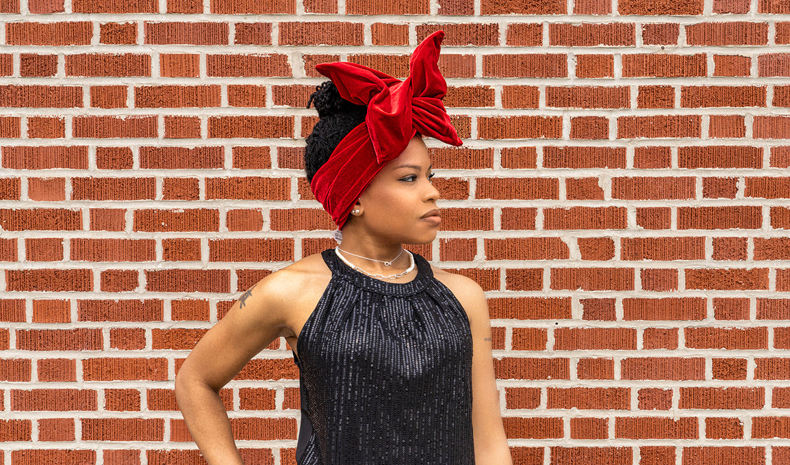 Velvet twisturban in ruby red stretch