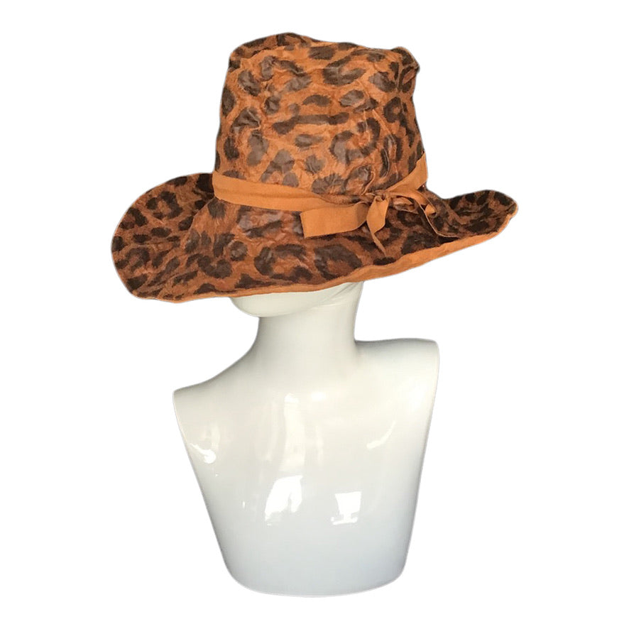 Morphy Cognac leopard print Vegan leopard leather & Suede wide brim fedora