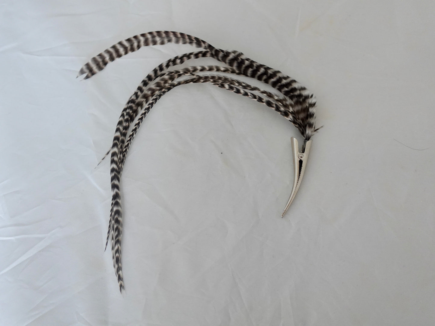Feather clip in dark grey and white on silver, medium sized