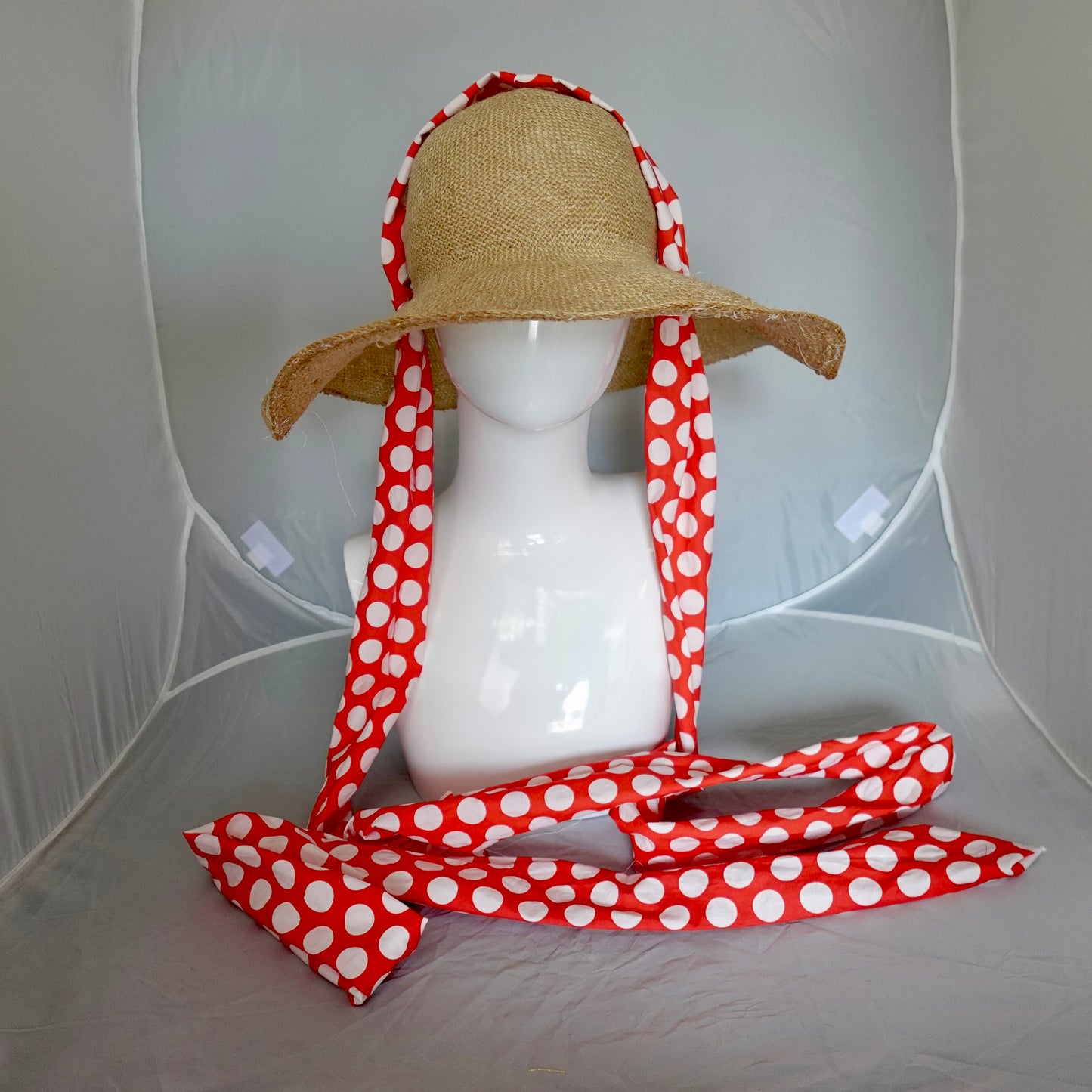 Floppy Brim Hemp Hat with Multiple Bright Dot Cotton Ties