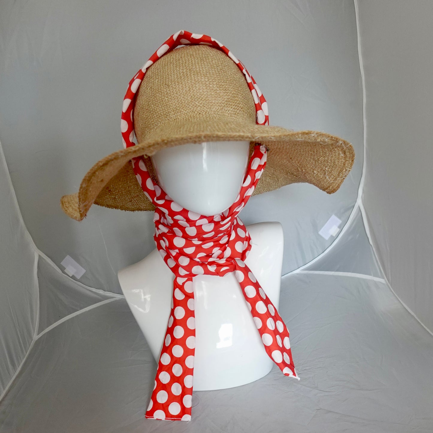 Floppy Brim Hemp Hat with Multiple Bright Dot Cotton Ties