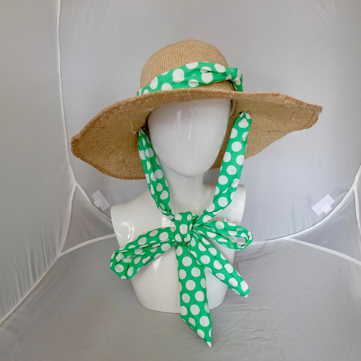 Floppy Brim Hemp Hat with Multiple Bright Dot Cotton Ties