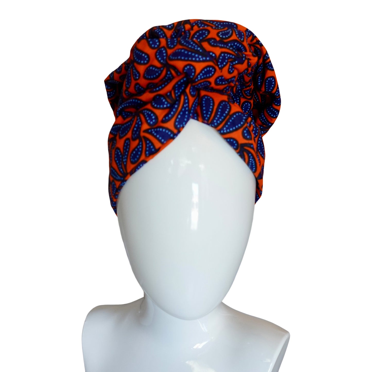 Twisturban® Turban in batik royal blue with orange mini paisley bright print cotton