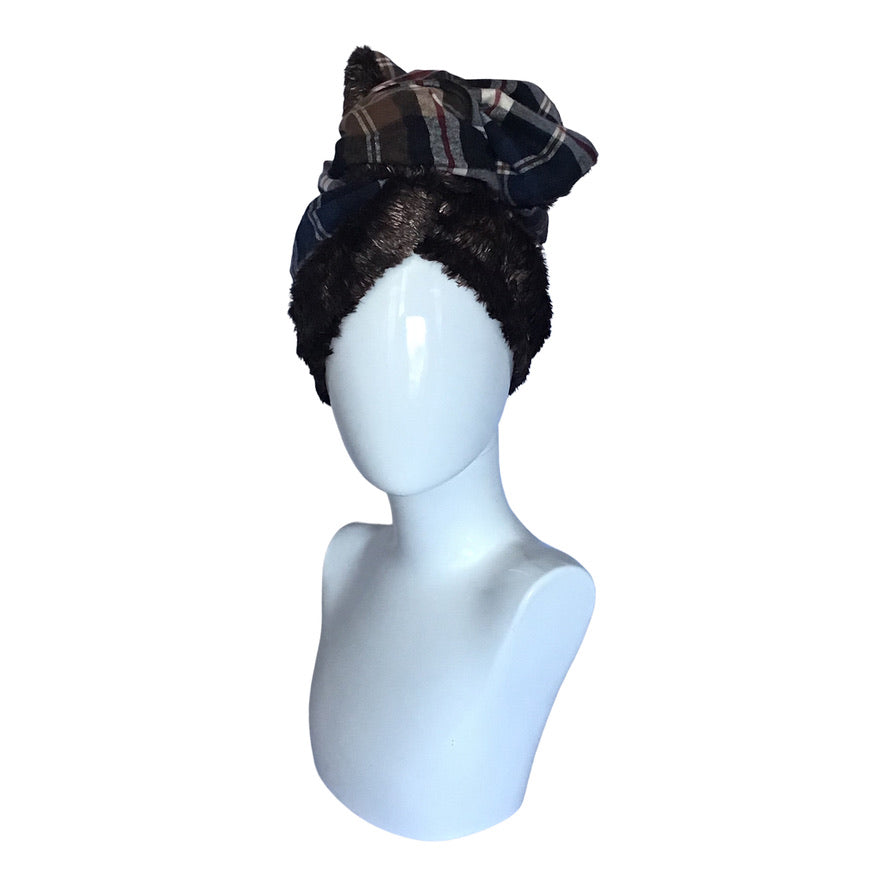 Faux Fur and cotton flannel reversible Twisturban in brown