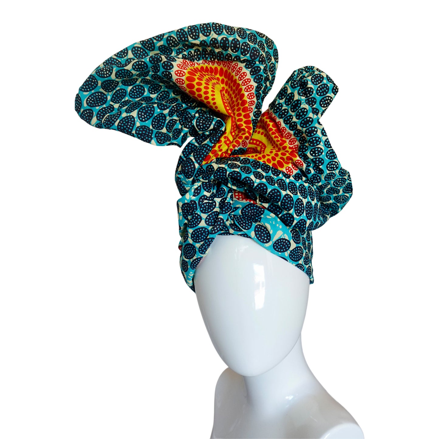 Twisturban® Turban in batik blue with orange and purple starburst bright print cotton