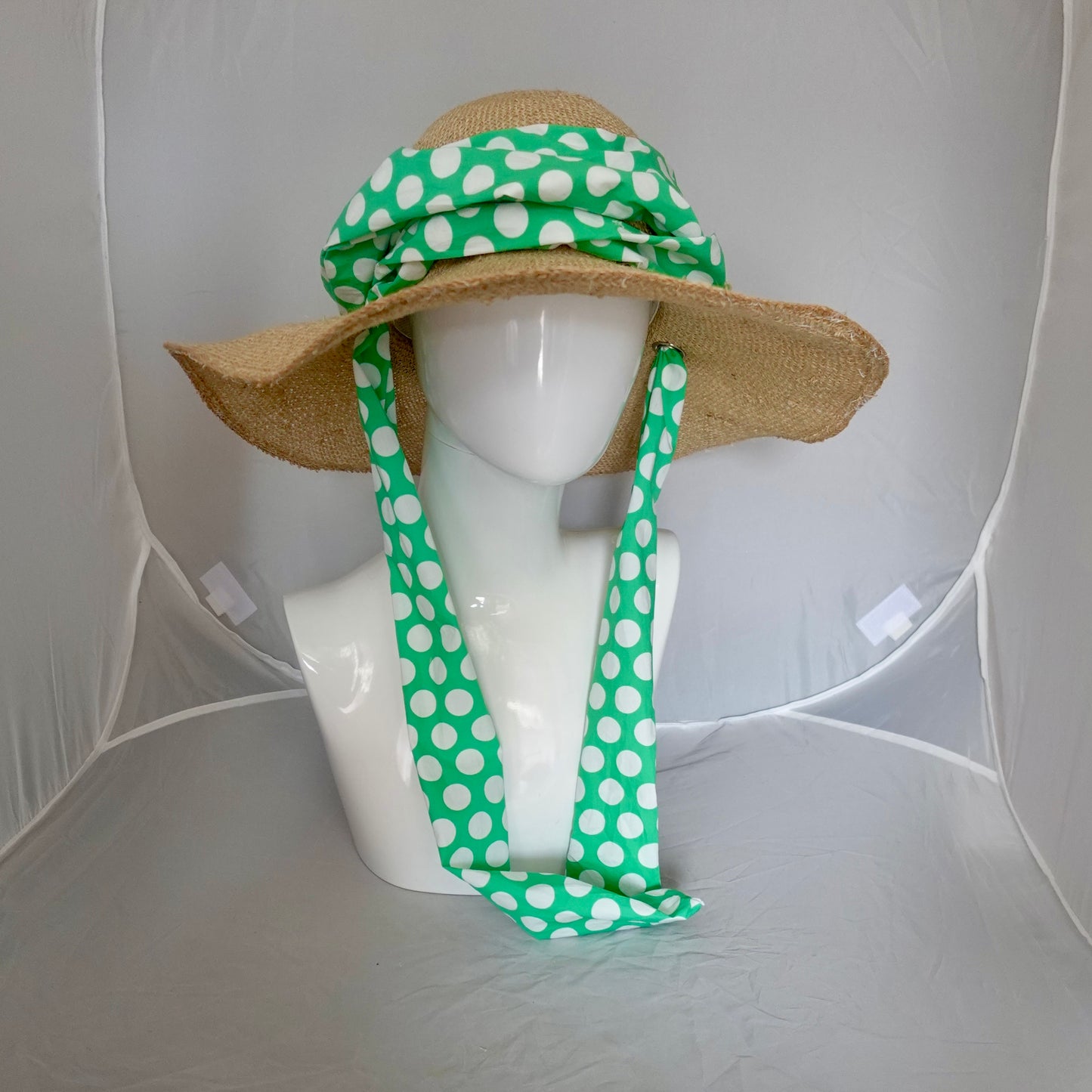 Floppy Brim Hemp Hat with Multiple Bright Dot Cotton Ties