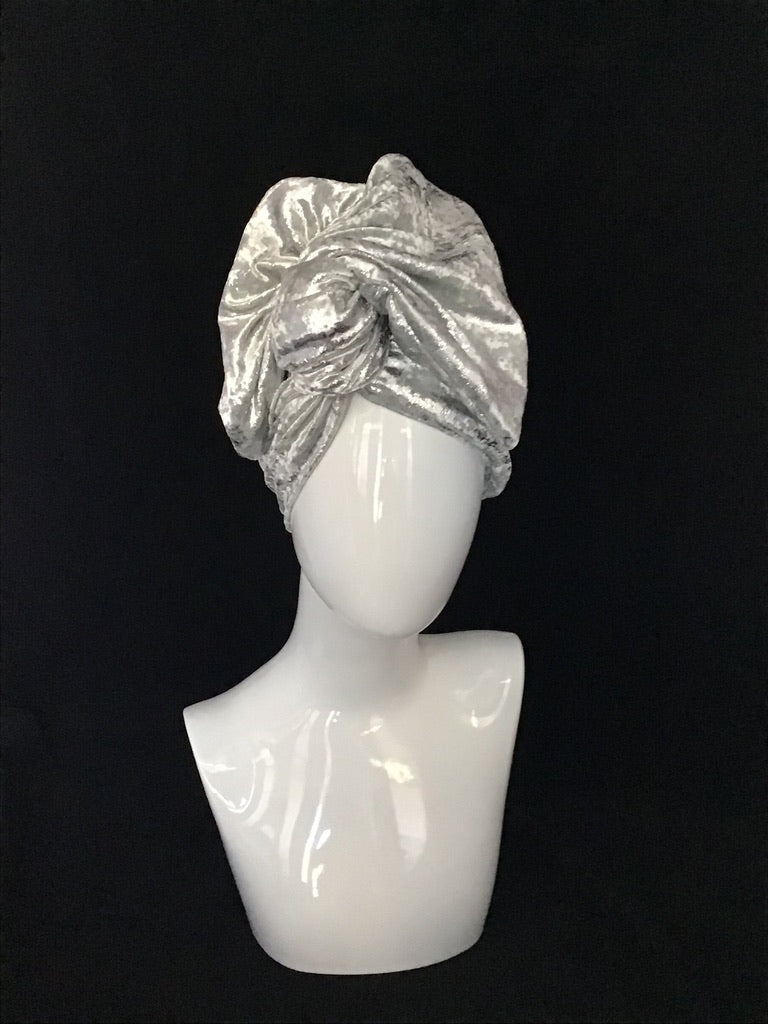 Velvet Twisturban in white with bright silver "mica" pattern