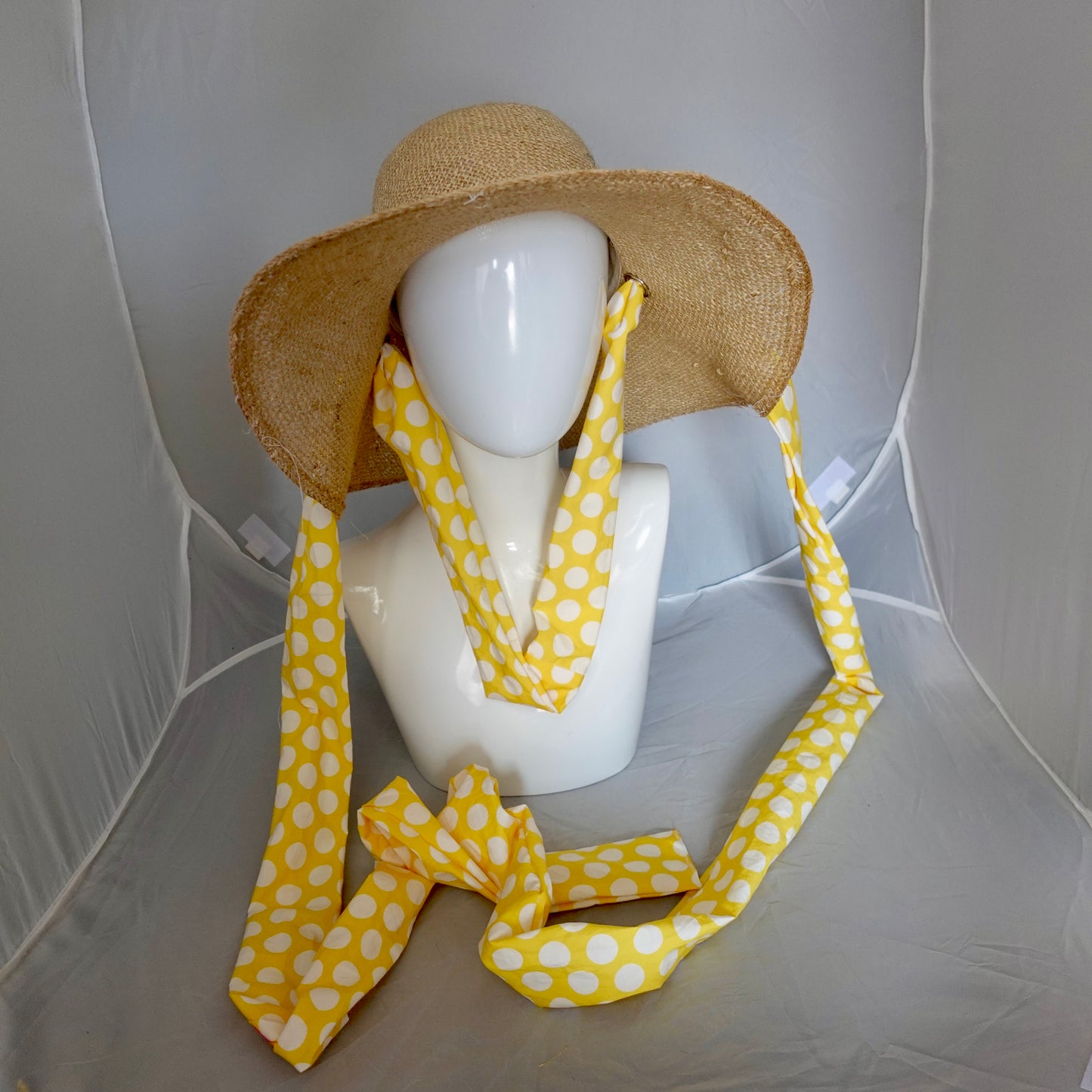 Floppy Brim Hemp Hat with Multiple Bright Dot Cotton Ties