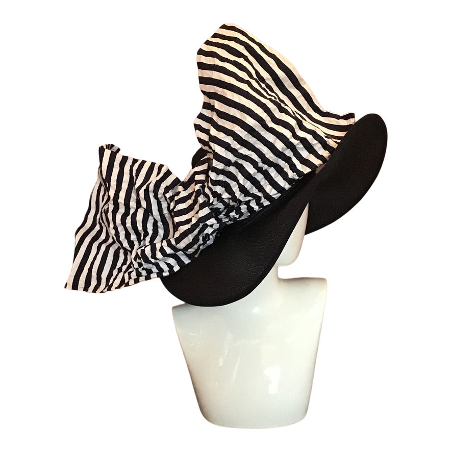 Wide Brim Straw In Navy Blue With Navy/ White Stripe Bow Race Day