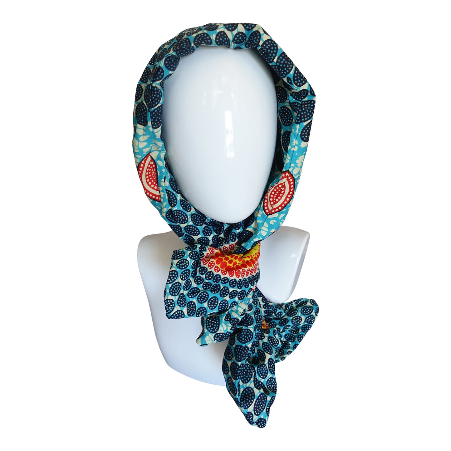 Twisturban® Turban in batik blue with orange and purple starburst bright print cotton
