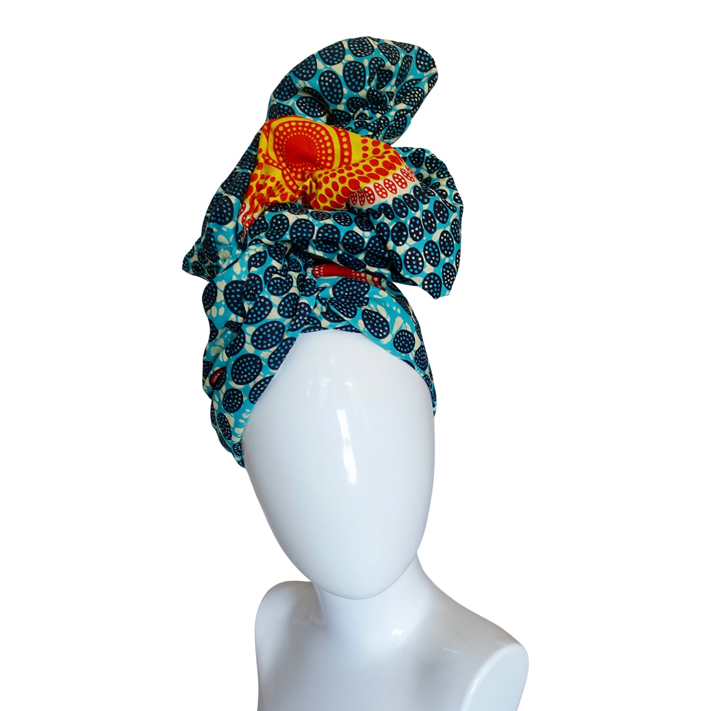 Twisturban® Turban in batik blue with orange and purple starburst bright print cotton