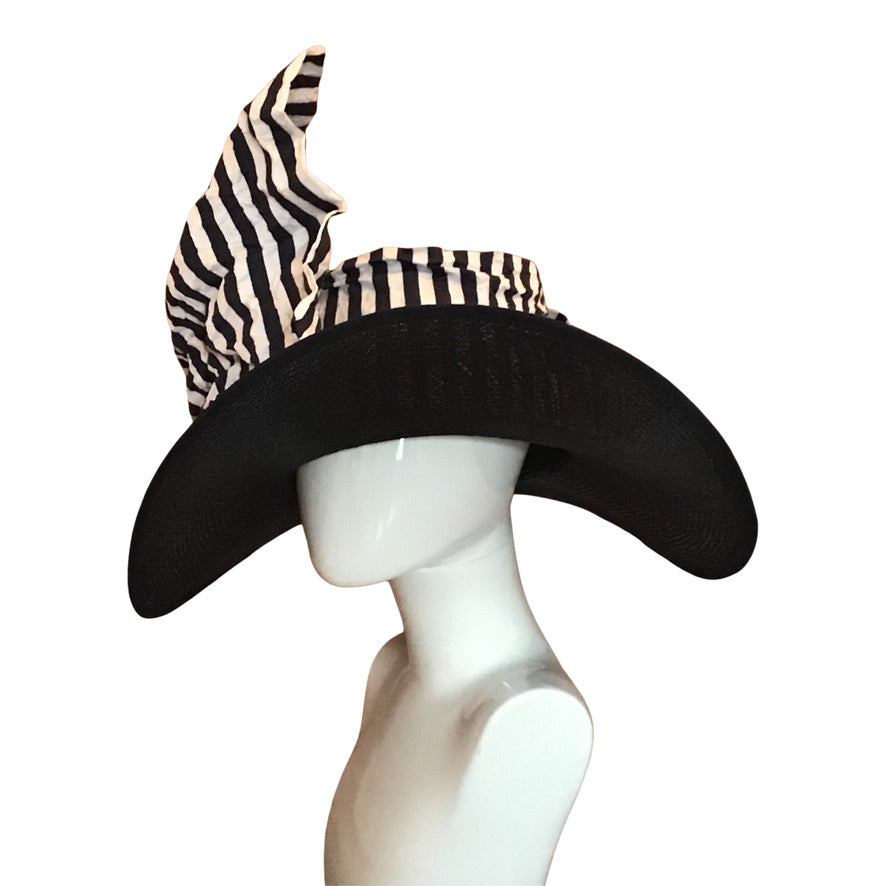Wide Brim Straw In Navy Blue With Navy/ White Stripe Bow Race Day