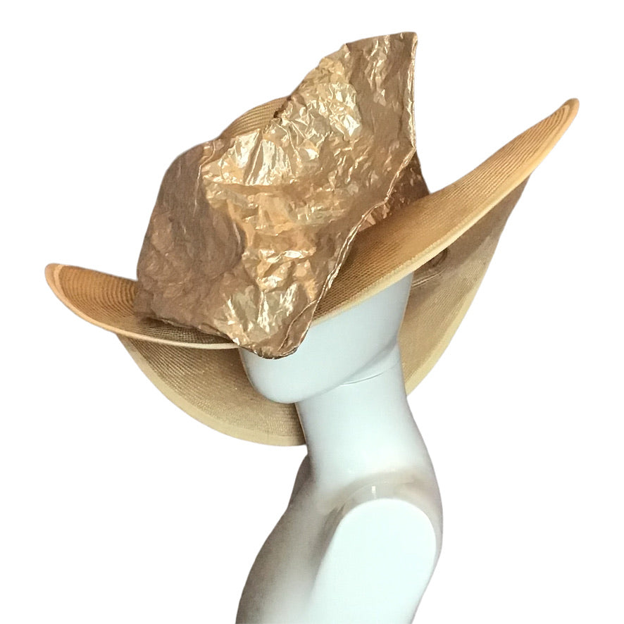 Wide Brim Straw In Gold With Gold Oversized Bow Race Day