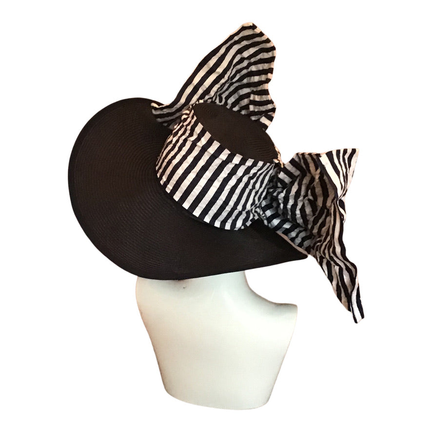 Wide Brim Straw In Navy Blue With Navy/ White Stripe Bow Race Day