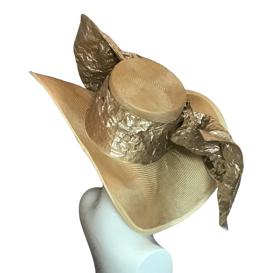 Wide Brim Straw In Gold With Gold Oversized Bow Race Day