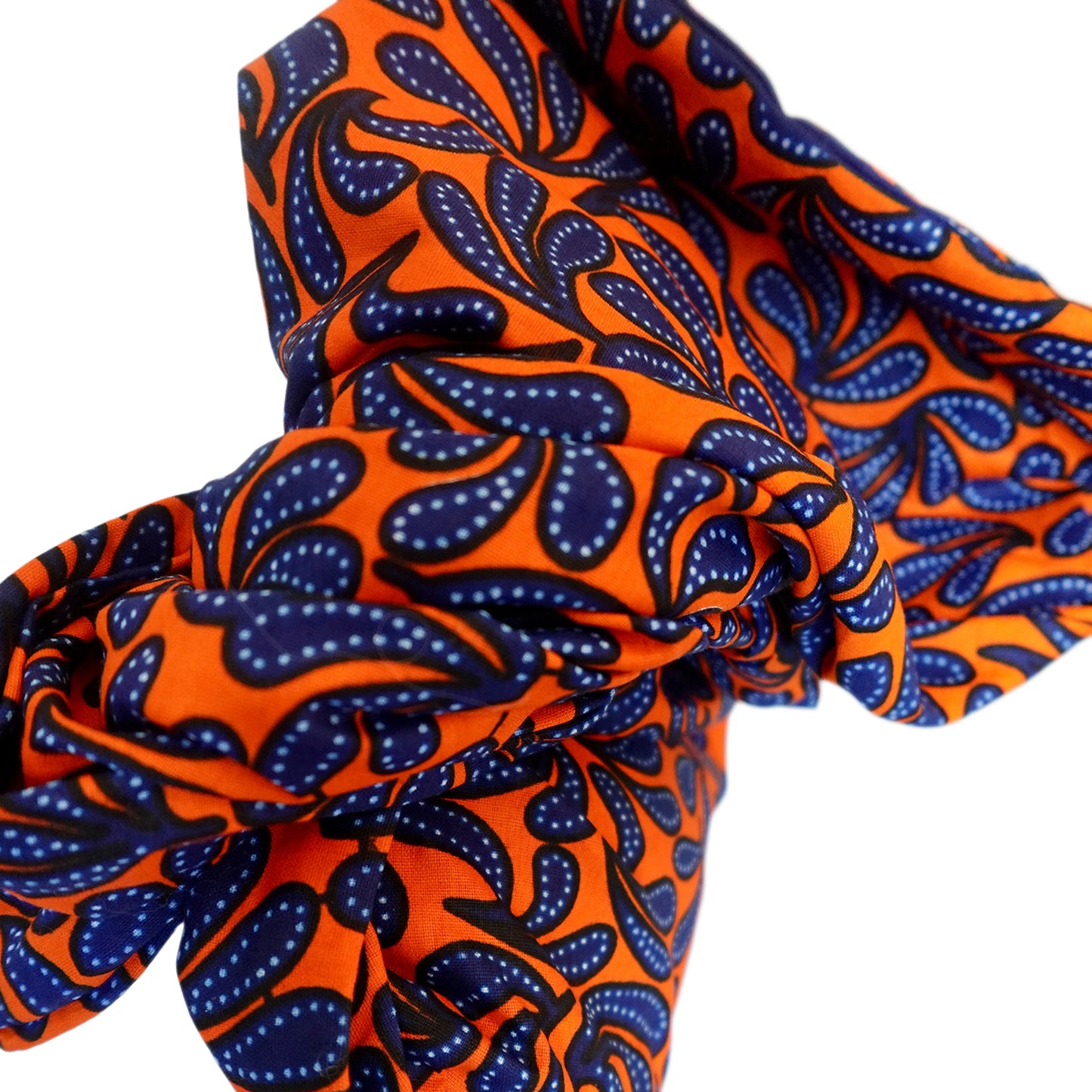 Twisturban® Turban in batik royal blue with orange mini paisley bright print cotton