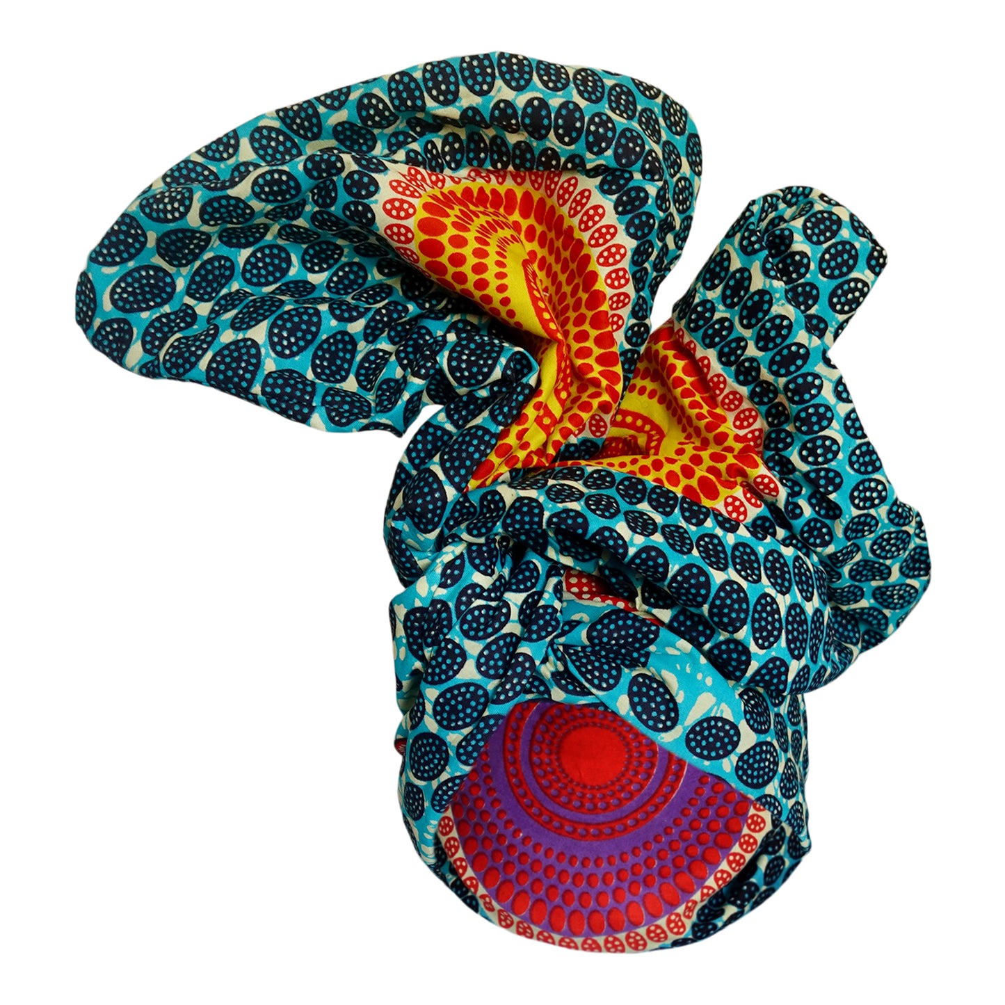 Twisturban® Turban in batik blue with orange and purple starburst bright print cotton