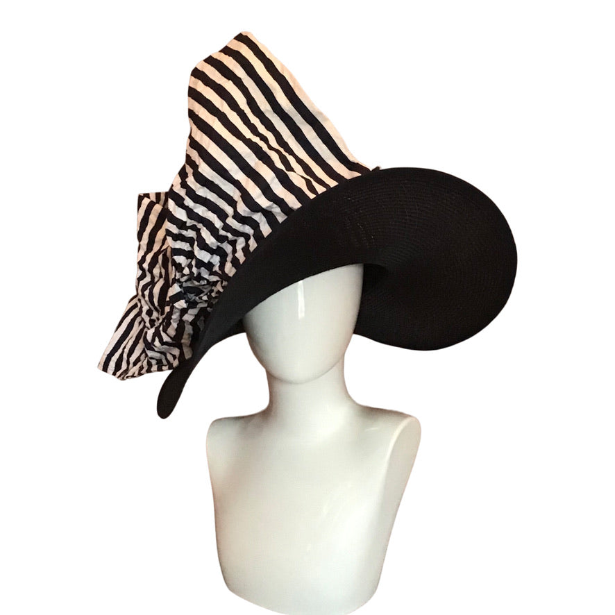 Wide Brim Straw In Navy Blue With Navy/ White Stripe Bow Race Day