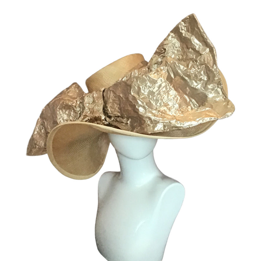 Wide Brim Straw In Gold With Gold Oversized Bow Race Day