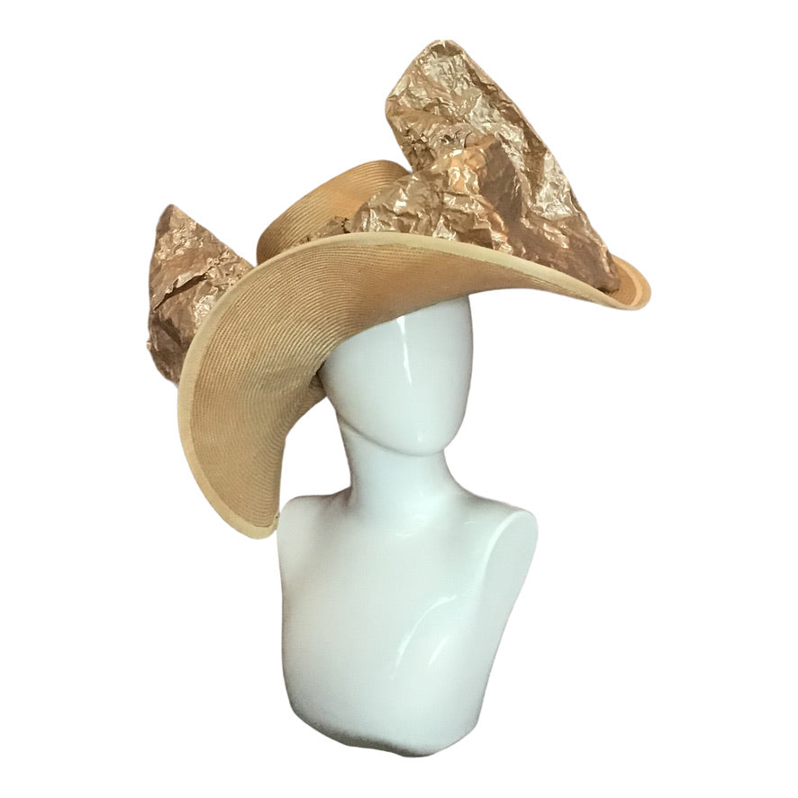 Wide Brim Straw In Gold With Gold Oversized Bow Race Day
