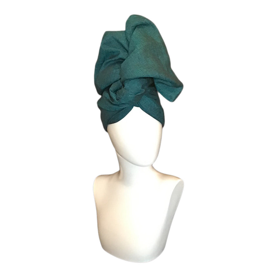 Linen Twisturban® Turban in yarn dye aqua with black