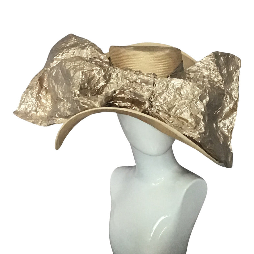 Wide Brim Straw In Gold With Gold Oversized Bow Race Day