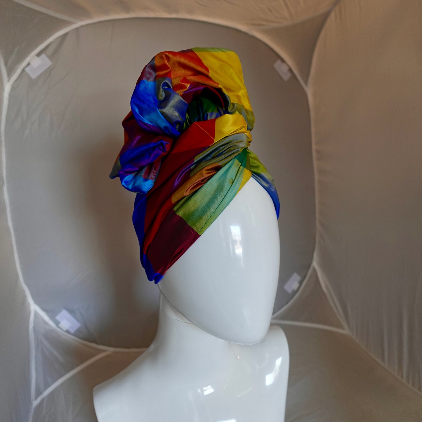 Silk Shantung Twisturban in brightcolor block silk taffeta