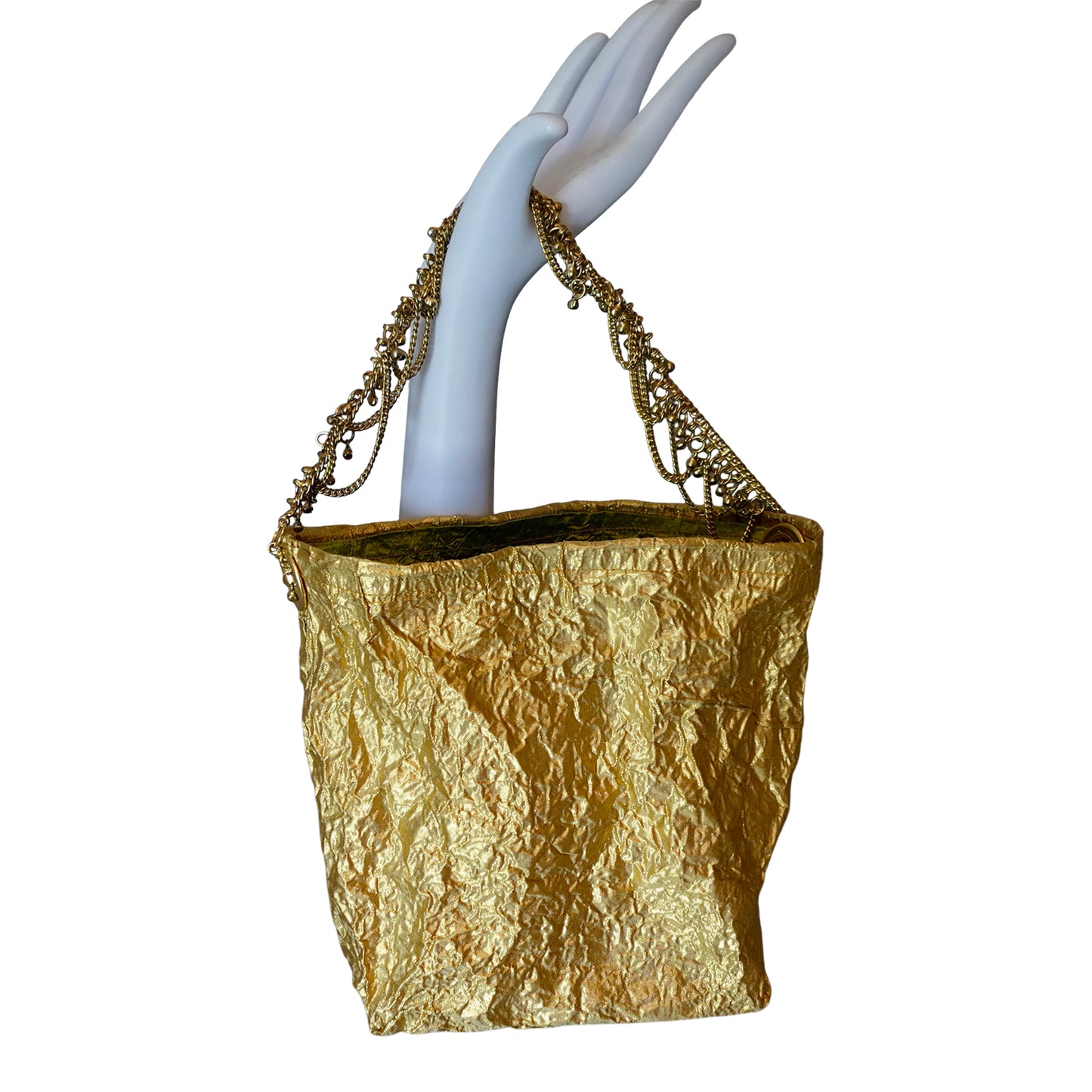 Morphy Metallic Gold Silk Shantung & Silk Handle Clutch Bag With Tiered Chain