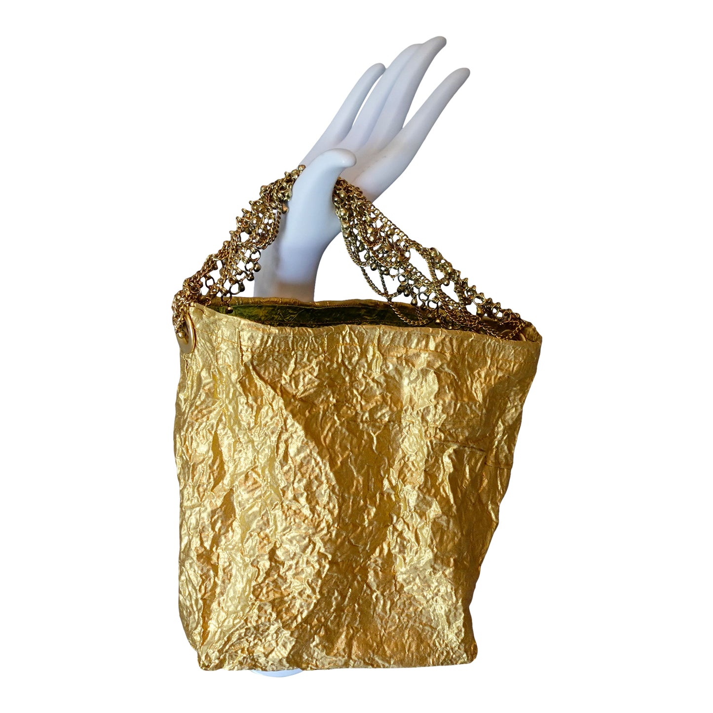 Morphy Metallic Gold Silk Shantung & Silk Handle Clutch Bag With Tiered Chain