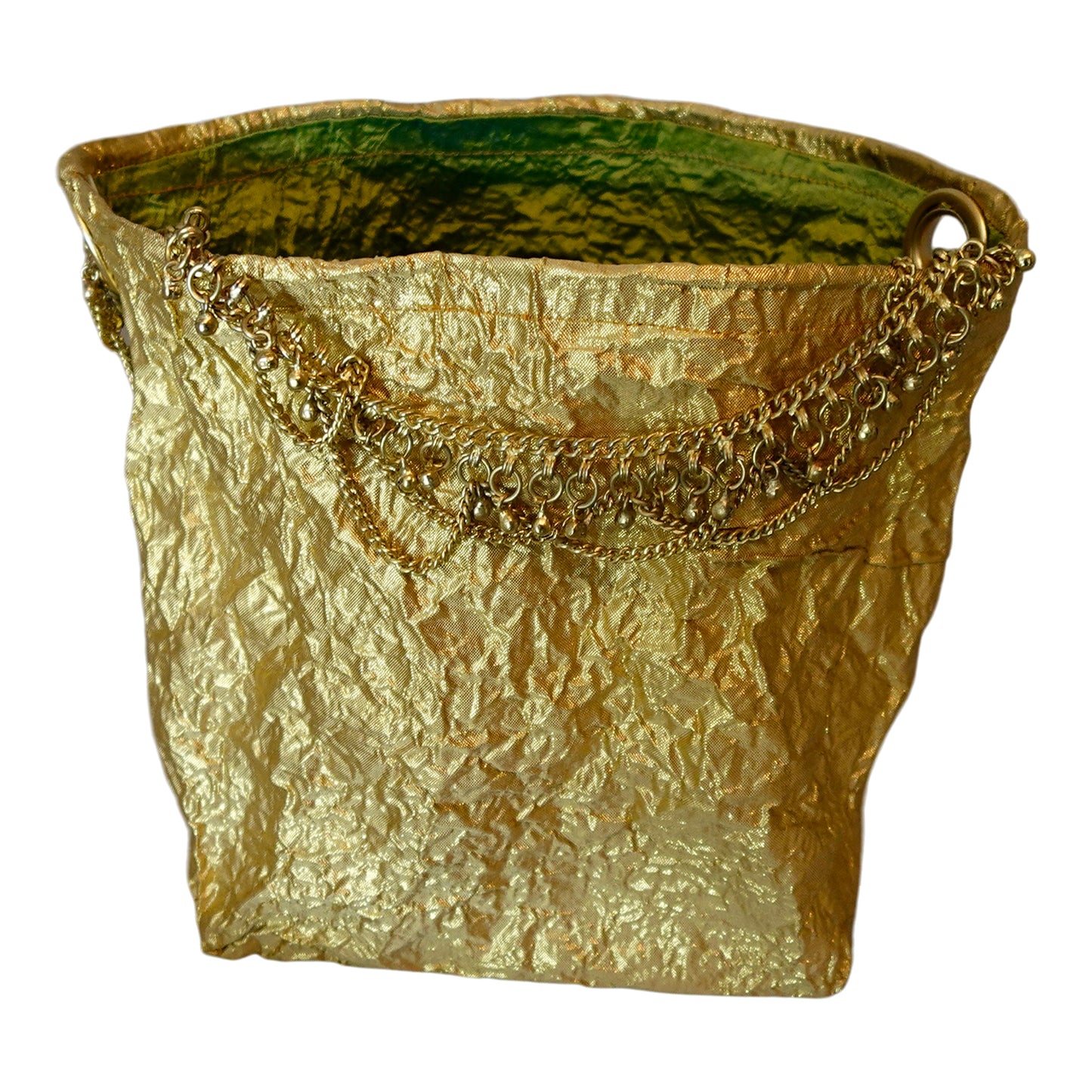 Morphy Metallic Gold Silk Shantung & Silk Handle Clutch Bag With Tiered Chain