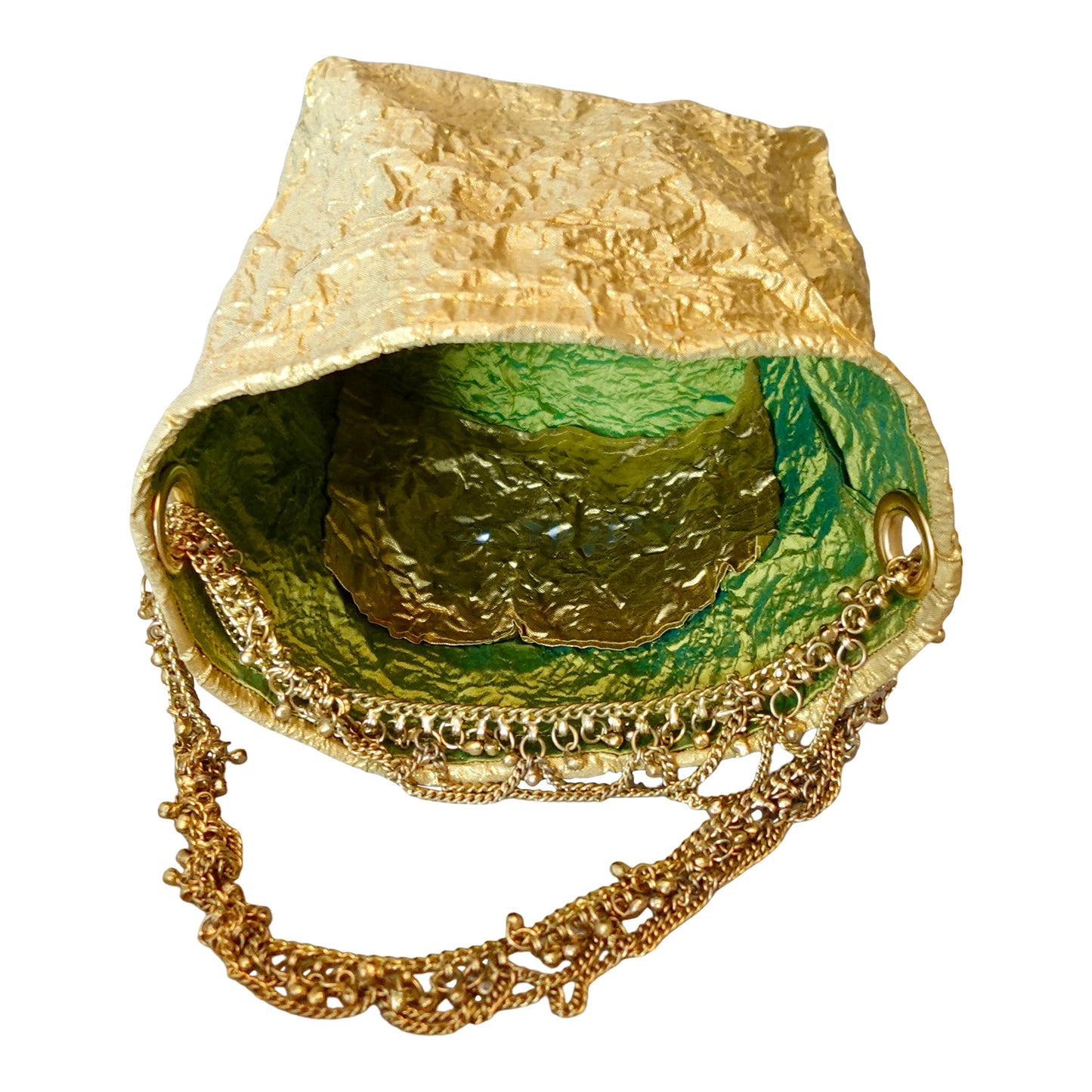 Morphy Metallic Gold Silk Shantung & Silk Handle Clutch Bag With Tiered Chain