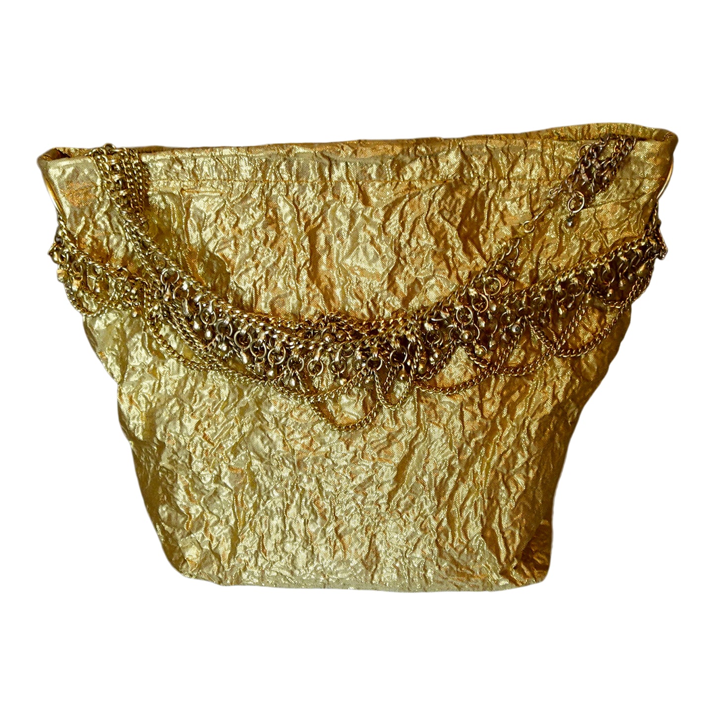 Morphy Metallic Gold Silk Shantung & Silk Handle Clutch Bag With Tiered Chain