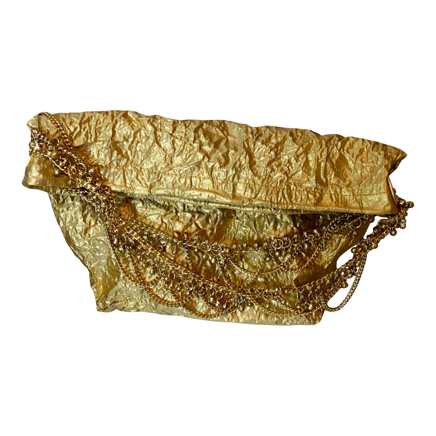 Morphy Metallic Gold Silk Shantung & Silk Handle Clutch Bag With Tiered Chain