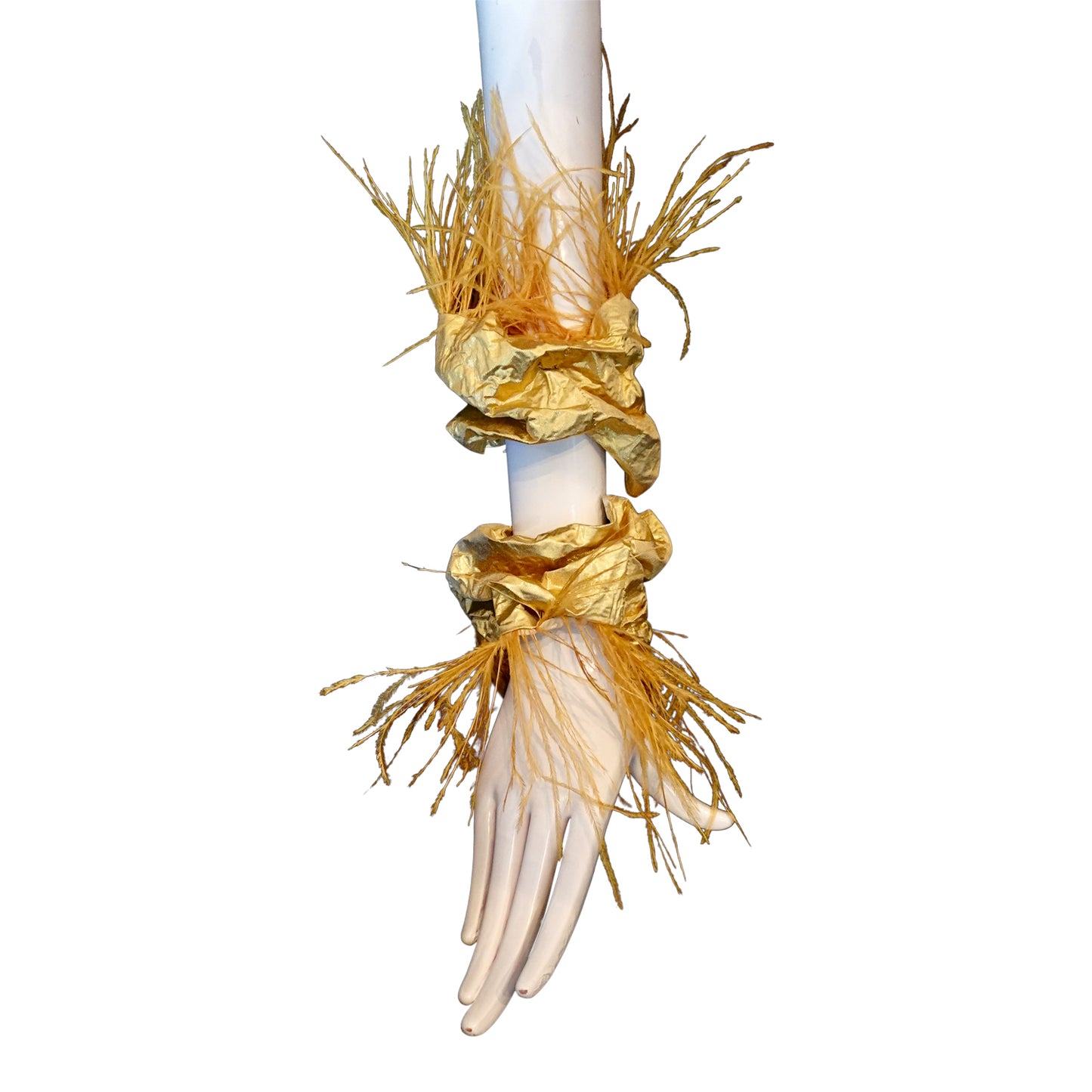 Morphy Metallic Gold Silk & Feather Wrist Cuff set of 2
