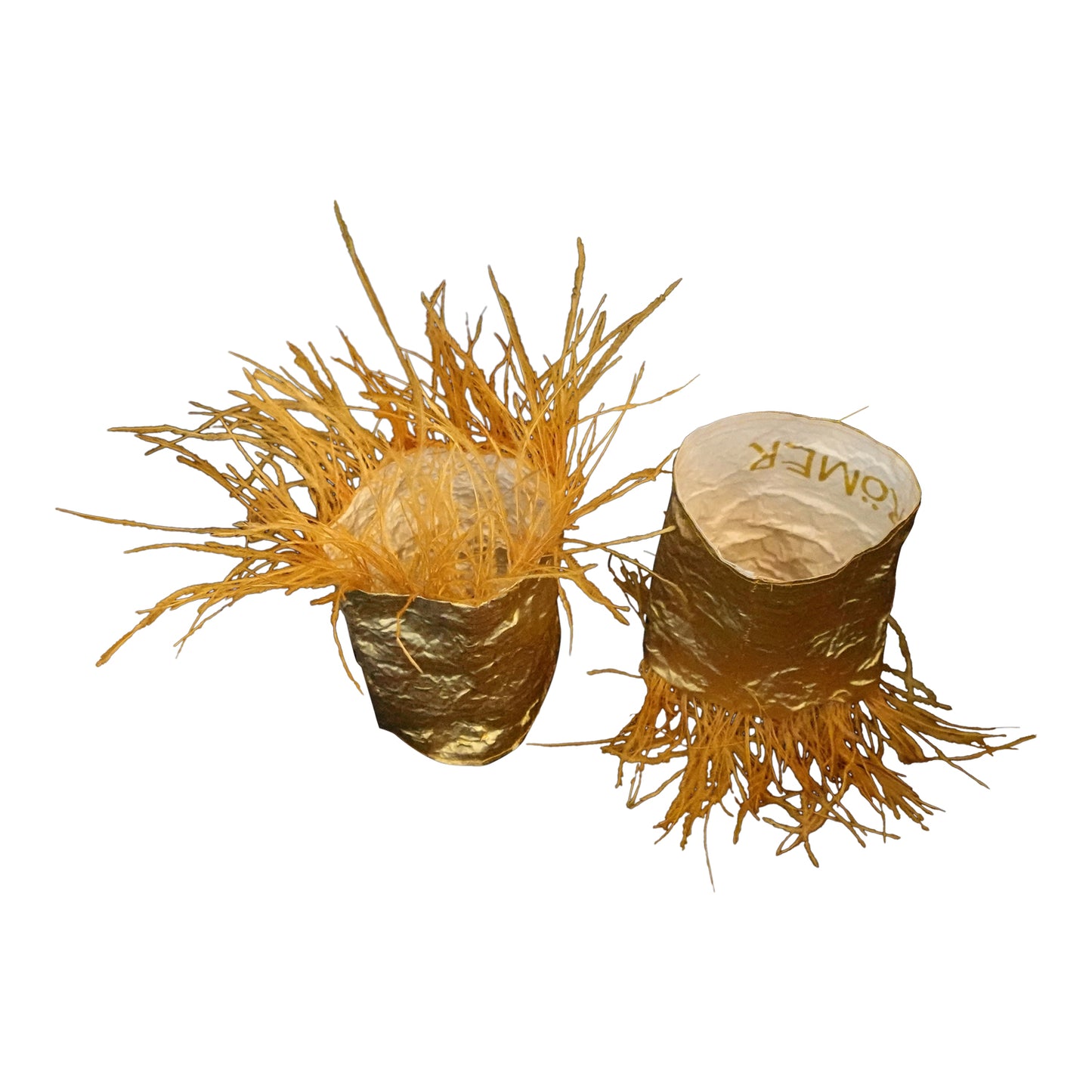 Morphy Metallic Gold Silk & Feather Wrist Cuff set of 2