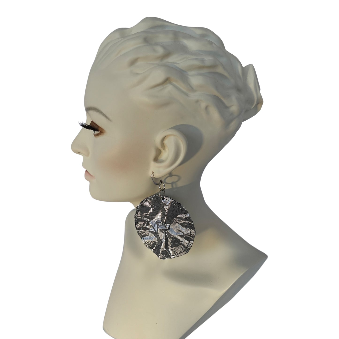 Metallic Silk Morphy Steel "Coin" Disc Assymetric Earings