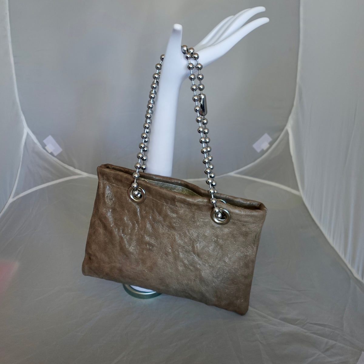Morphy Leather Bag With Oversized Ball Chain Handles & Linen Lining