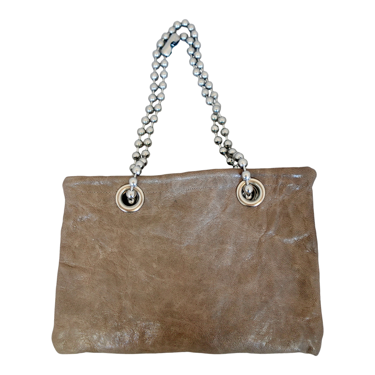 a brown leather purse with silver chain