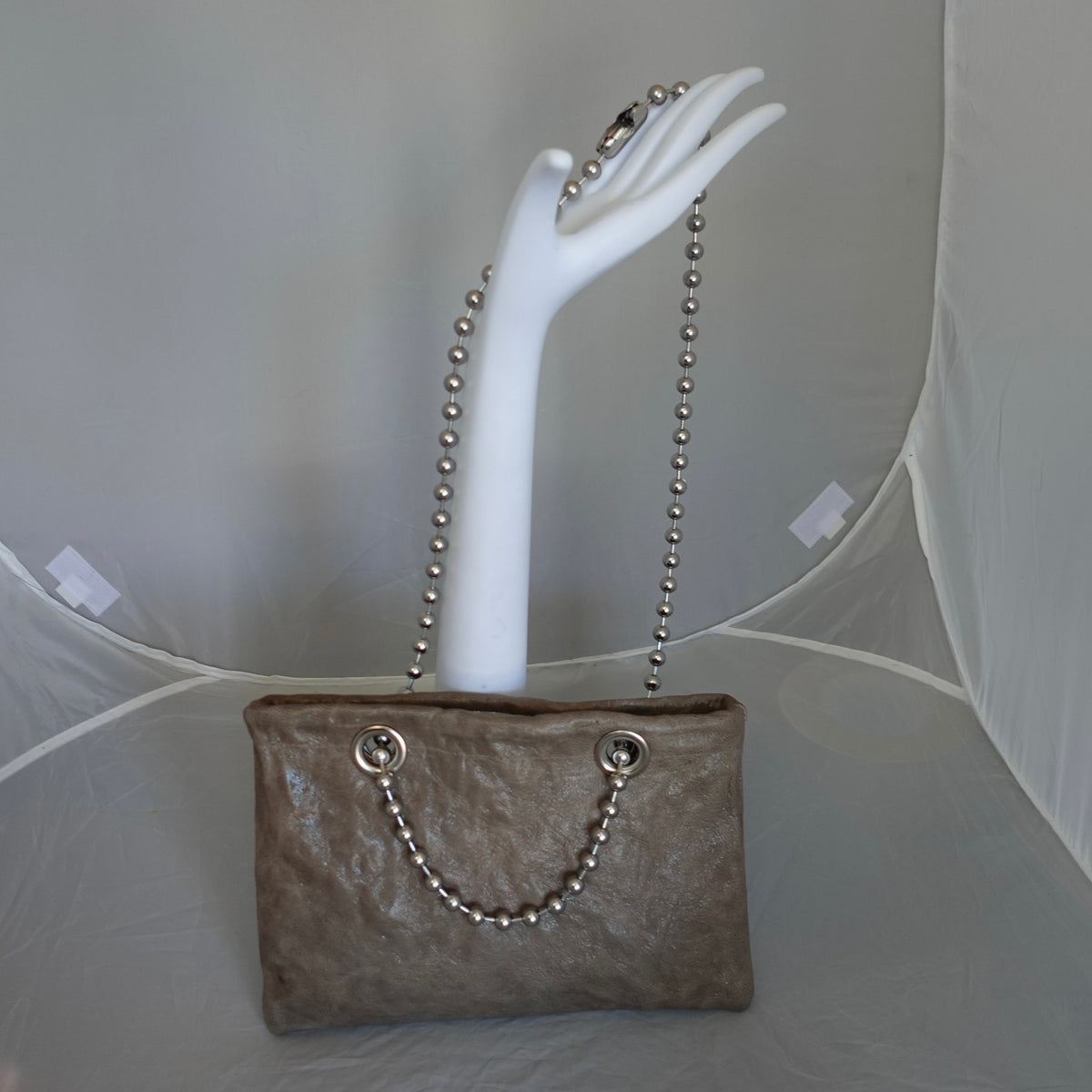 Morphy Leather Bag With Oversized Ball Chain Handles & Linen Lining