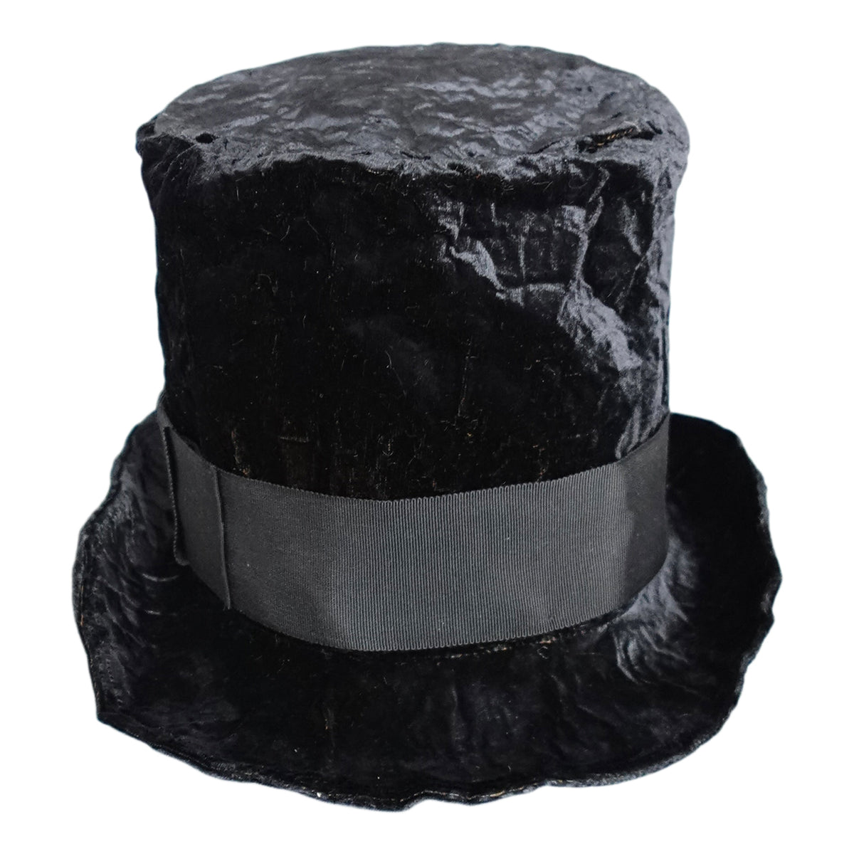 a black top hat with a black ribbon