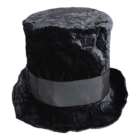 a black top hat with a black ribbon