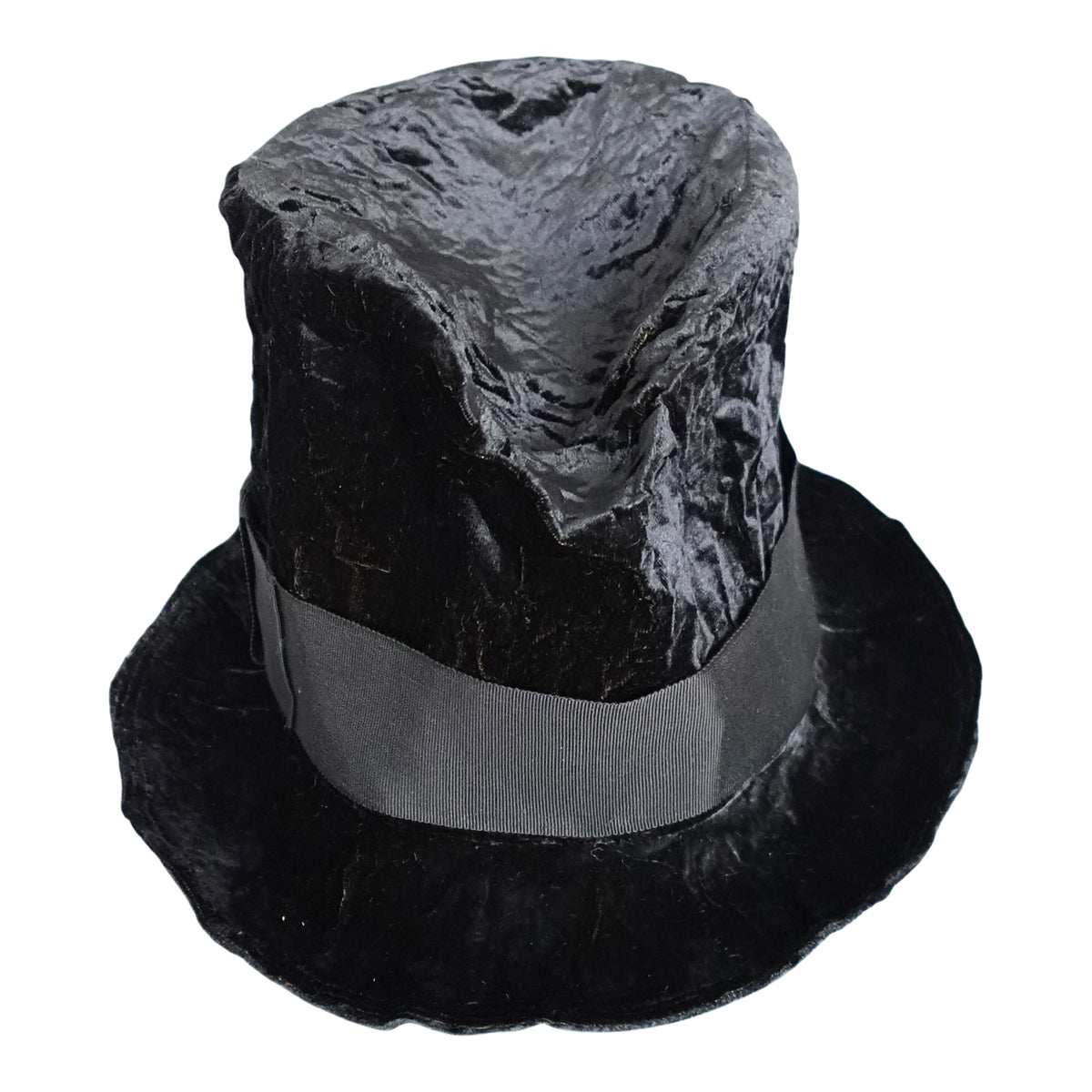 a black top hat with a black ribbon
