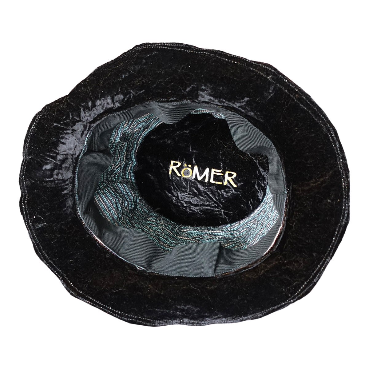 a black hat with a gold text