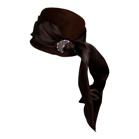 a brown hat with a black ribbon