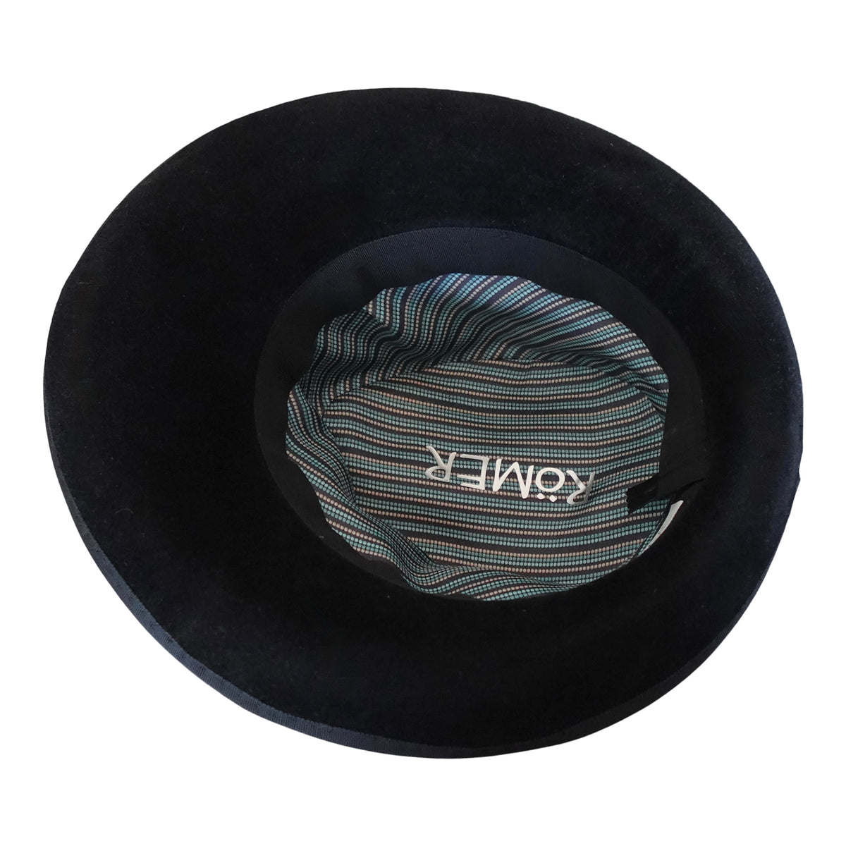 a black hat with a striped fabric inside