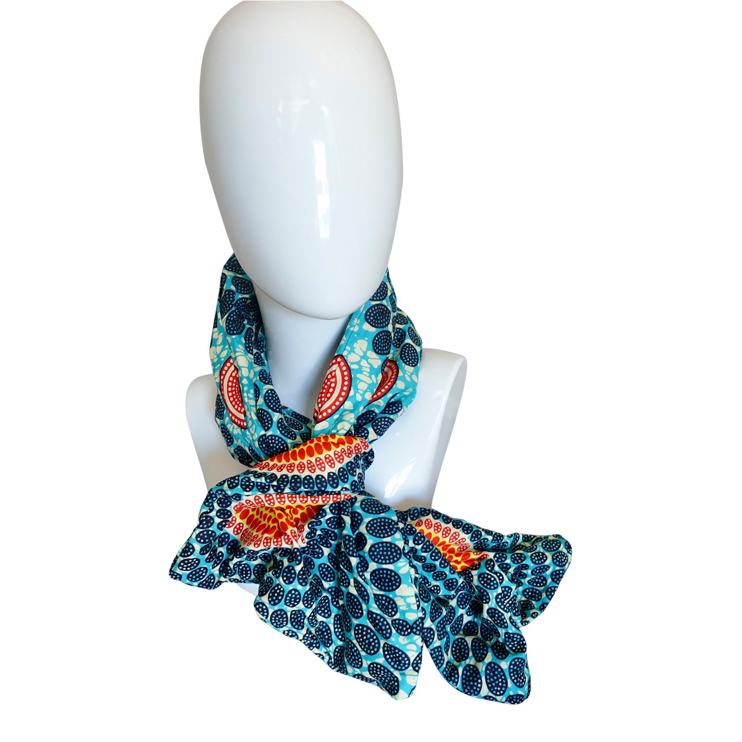 Twisturban® Turban in batik blue with orange and purple starburst bright print cotton